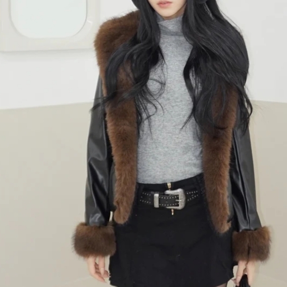 chic mood Jackets & Blazers - Chic Mood Brown Fur Cardigan faux leather jacket black brown small